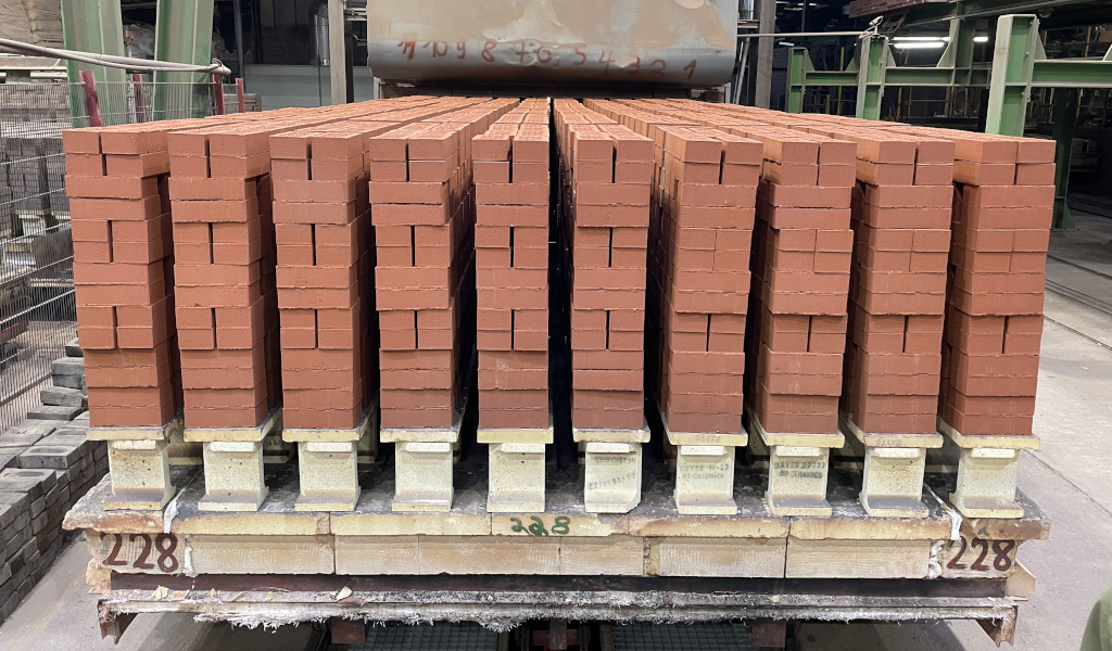 Kiln exit of the finished recycling bricks for the refurbished façade